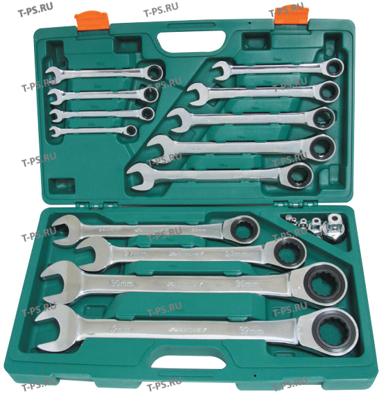 W45117S Набор ключей гаечных комбинированных трещоточных с аксессуарами в кейсе, 8-32 мм, 17 предметов