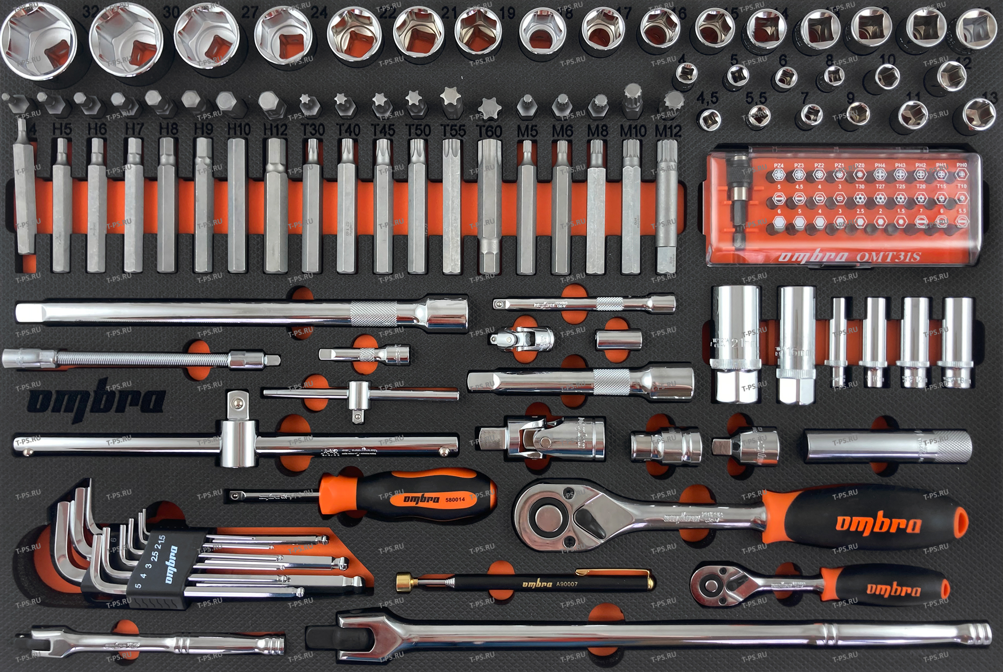 OMT131STE Набор головок торцевых 14 5-13 мм, 12 DR 10-32 мм с аксессуарами и вставками-битами в EVA ложементе 560х375 мм, 131 предмет